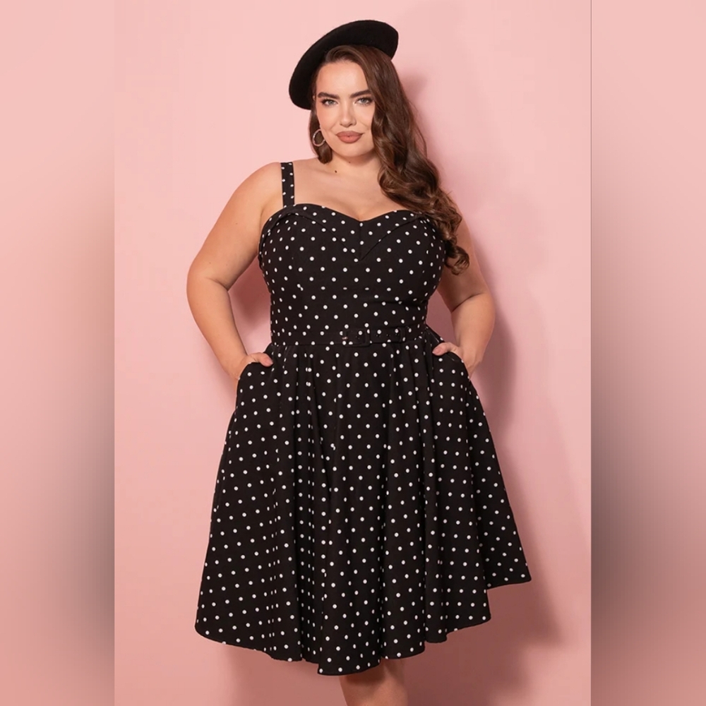 NWT New Fit Vixen By Micheline Pitt Maneater Swing Dress In Black Polka Dot